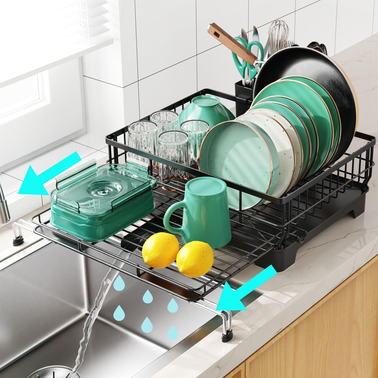 Dish Drying Rack with Drainboard - Expandable 2-in-1 Dish Racks for Kitchen C...-image