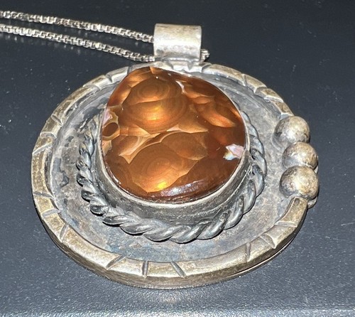 Sterling Fire Agate Pendant Necklace Vintage - Picture 4 of 22