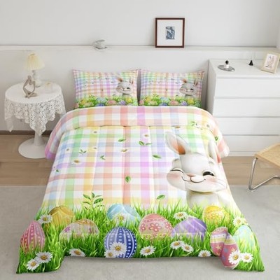 Cartoon Rabbit Kids Comforter Set Twin Size,Easter Egg Daisy Flowers Spring 