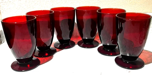 Set Of 6 Vintage 1950s Anchor Hocking Royal Ruby Red Footed Tumblers 5” Glasses