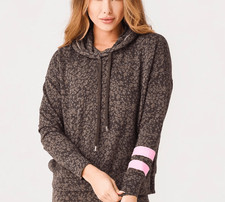 NEW Sundry Teddy Striped Floral Hoodie Brown w/Pink Arm Stripes Size Medium 2 
