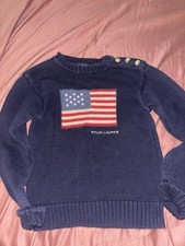 Ralph Lauren Boys 4T Navy Blue American Flag Knit Sweater Button Shoulder