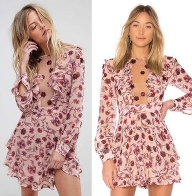 For Love & Lemons Agnes Floral Plunge Mini Dress in Soft Rose XS