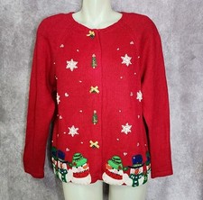 Vintage Heirloom Collectable Red Snowman Christmas Button Cardigan Sweater