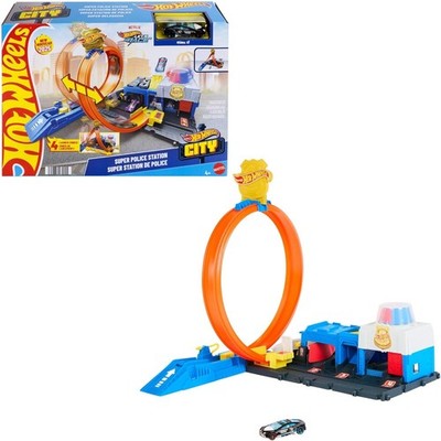 Hot Wheels Spielzeugauto Rennbahn Set, Super Polizeistation Spielset   Versand am selben Tag  
