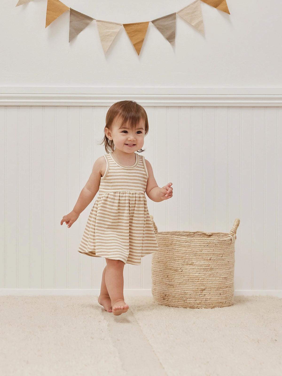 Quincy Mae Baby Dress 0-3M Ribbed Tank Dress and Bloomer Latte Stripe Set