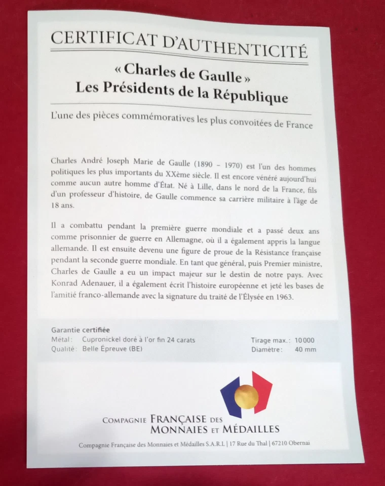 9 Pieces Commémoratives Présidents République Française Plaqué Or Fin 24K - Photo 3/4