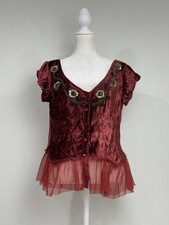 Y2K Papillon Velvet Top L Red Beaded Floral Boho Ruffle Hem Fairycore New