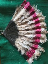 antique Victorian black and red, feather hand fan with ostrich feathers