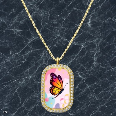 Gorgeous Colorful Butterfly Pendant Necklace Printed Design Modern Gold Tone Rar