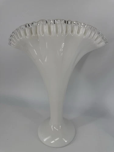 Vintage FENTON Silver Crest 13” Crimped Edge Milk Glass Fan Vase , USA, MCM