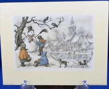 Stampa d'epoca Anton Pieck 1971 "Pupazzo di neve sulla collina" 9x7 su tavola Holland Printe