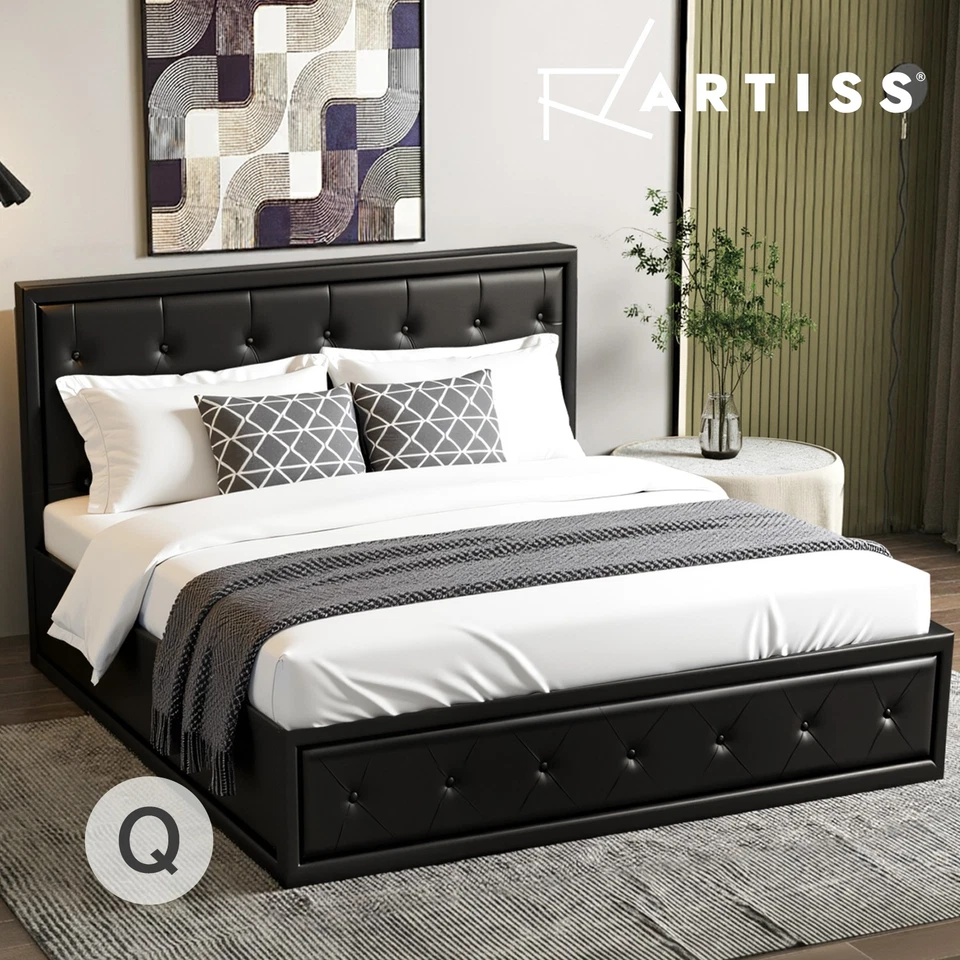 Artiss Bed Frame Queen Size Gas Lift Storage Mattress Base Wooden Black TIYO