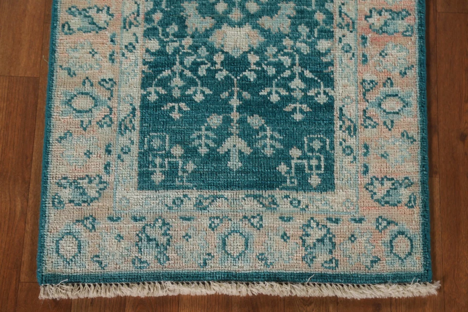 Vegetable Dye Handmade Transitional Oushak Teal Wool Rug 2x4 Ft Turkish Rug - Image 4 of 4