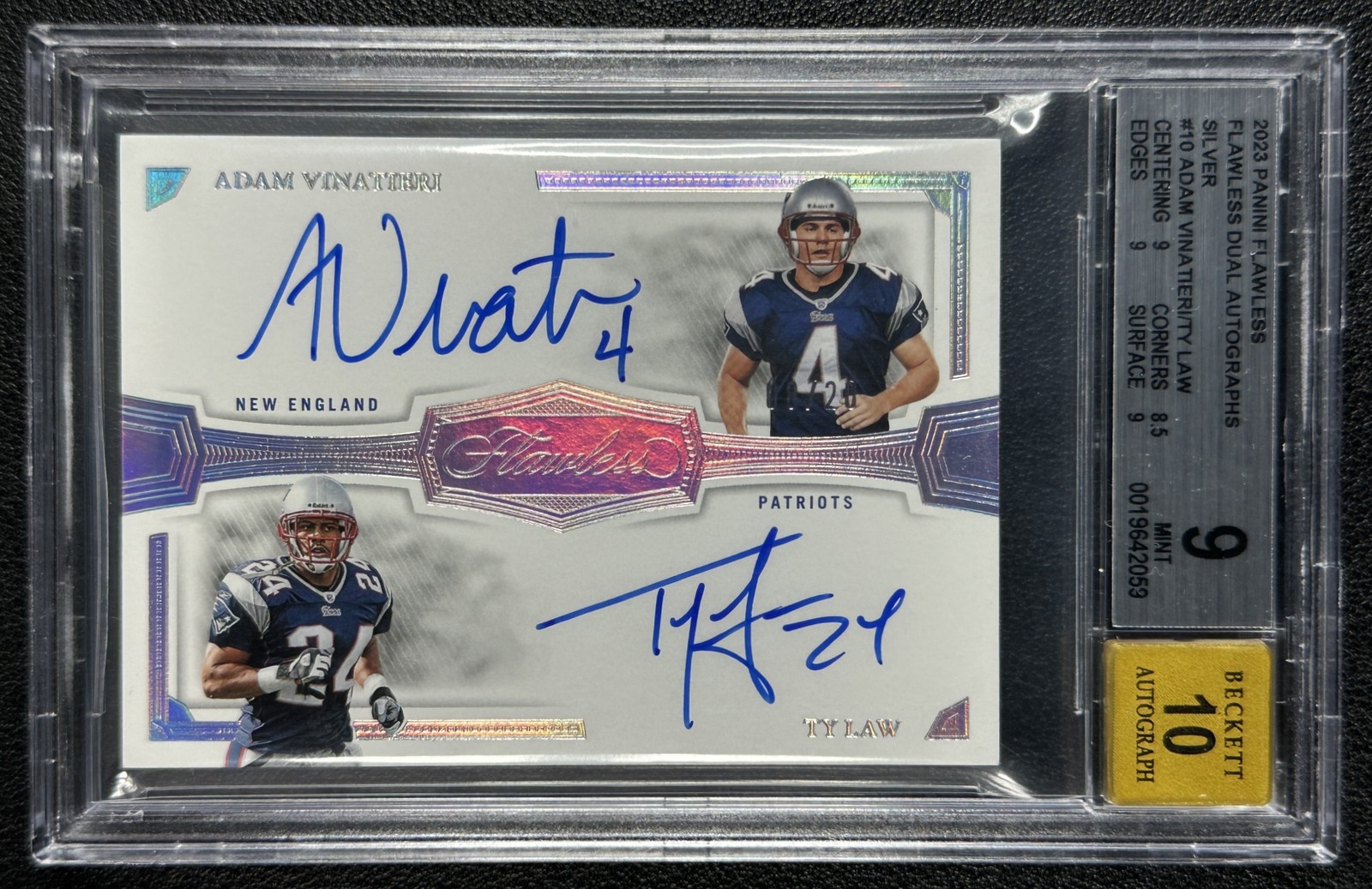 ADAM VINATIERI TY LAW BGS 9 2023 PANINI FLAWLESS #FDA-PAT DUAL AUTO SILVER 8/20