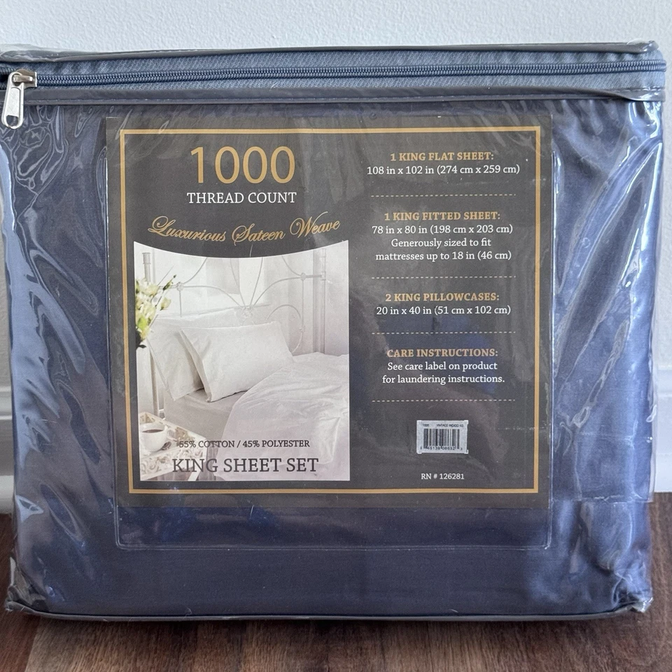 NEW! Luxury King Sheet Set 1000 Thread Count Vintage Indigo Sateen Weave 4-Piece - Image 2 of 3