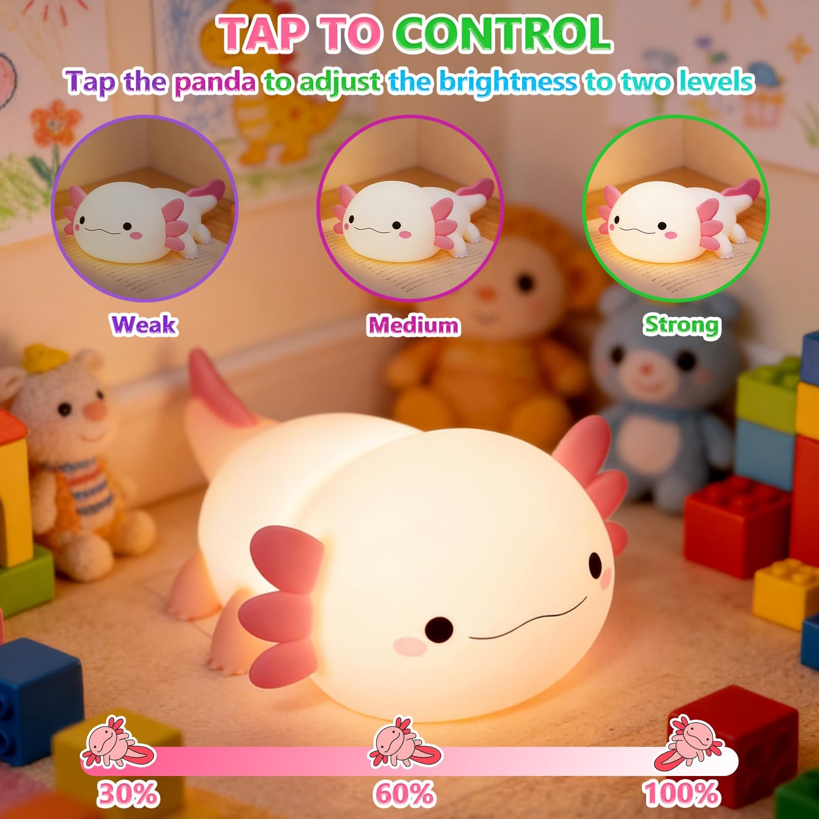 Veilleuse axolotl mignonne avec réglage tactile d'intensité en silicone rose - 4