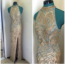 Sherri Hill Gold Heavily Beaded Maxi Slit Formal Dress with Blue Accents 8
