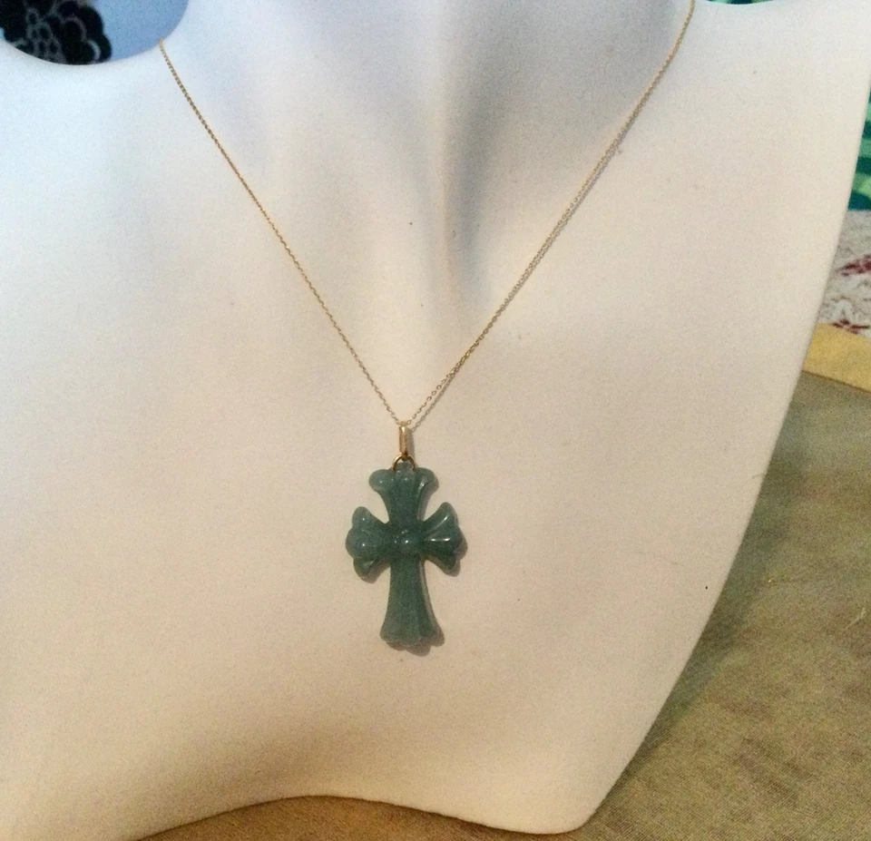 Pendentif Bélière en Or 18 Carats-Croix Jade Jadéite-750 18K-Médaille Religieuse - Photo 4/4