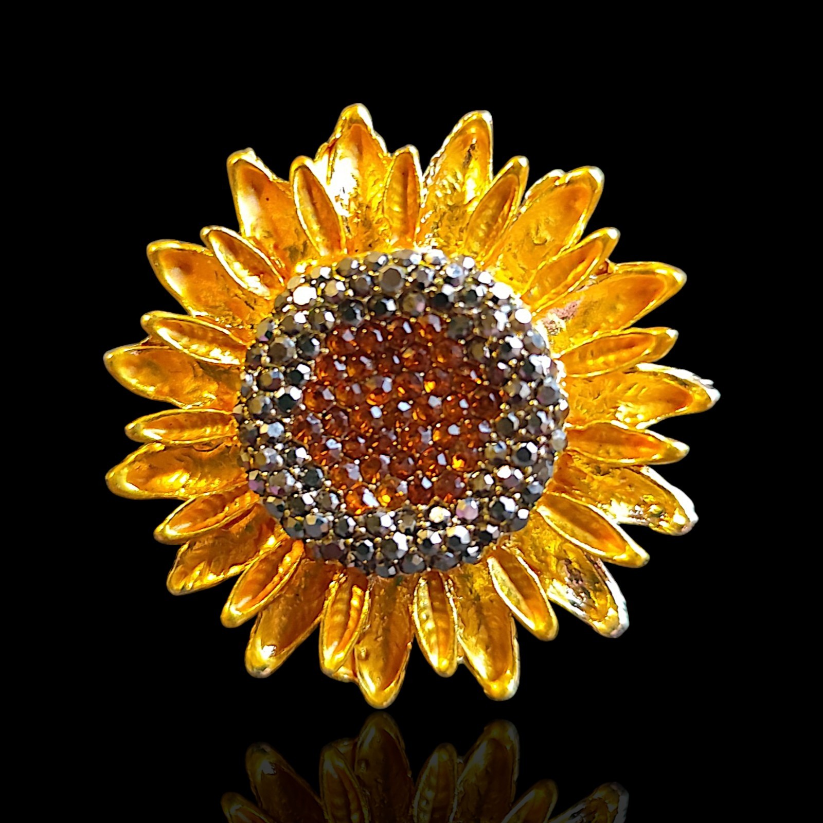 Orange & Black Pave Rhinestone Yellow Enamel Sunflower Daisy Brooch Pin ...