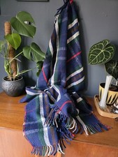 Vintage Wool Tartan Blanket Throw Blue Green Plaid Fringed Picnic Rug