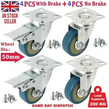 Image of 4 x Heavy Duty 50mm Rubber Swivel Castor Wheels Trolley Furniture Caster BrakeS