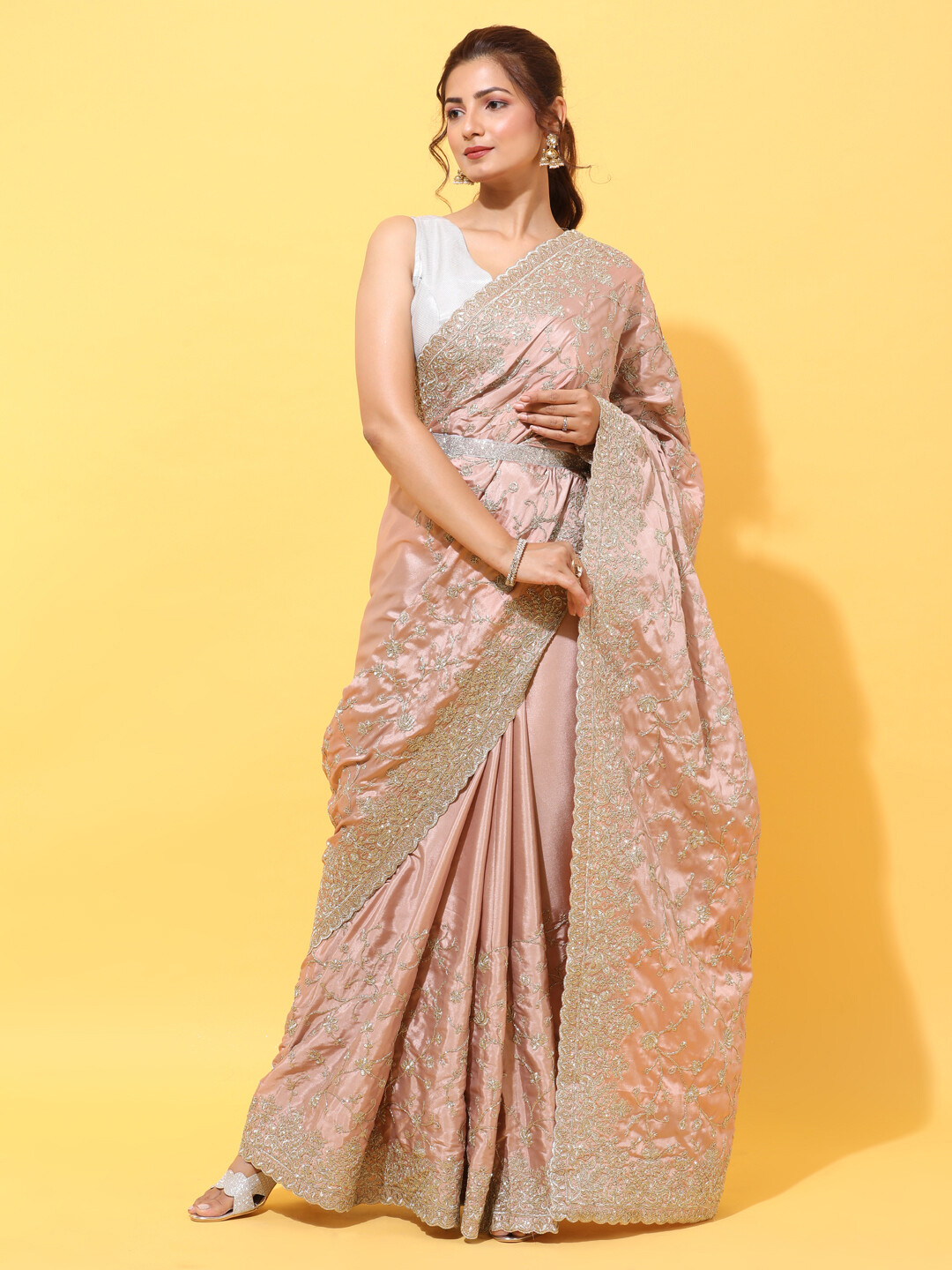 peach saree with golden blouse