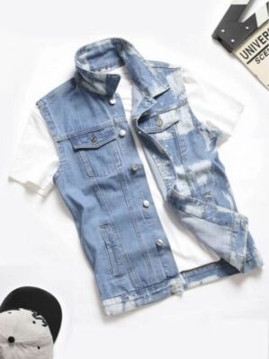 Clicks Trends Brush Print Denim Vest Jacket Without Tee For Men