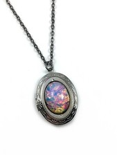 Czech Glass Fire Opal Gunmetal Locket October Birthstone Rainbow Harlequin Opal