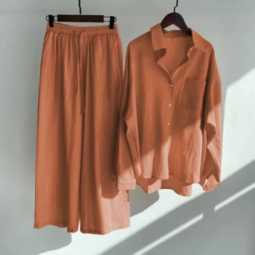 Women 2Pcs Cotton Linen Summer Blouse T Shirt Loose Pants Loungewear Outfit Set - Picture 10 of 40