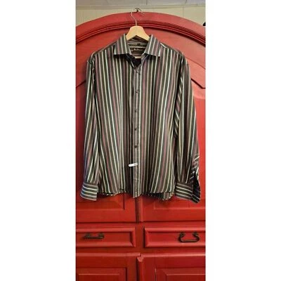 Ben Sherman Size Large Mens Dress Shirt Brown Pink Red Stripes Long Sleeve EUC - Image 1 of 4