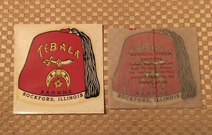 2 ANTIQUE Shriner Sticker Decal TEBALA ROCKFORD ILLINOIS Masonic MASON Ephemera