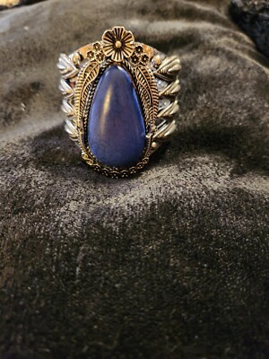 Bracelet Western Style Cuff Silver Metal with Large Lapis Stone in Center