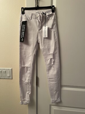 White Distressed Skinny Mid Rise Soft Form Fitting Jeans Sz 3 Bamboo 