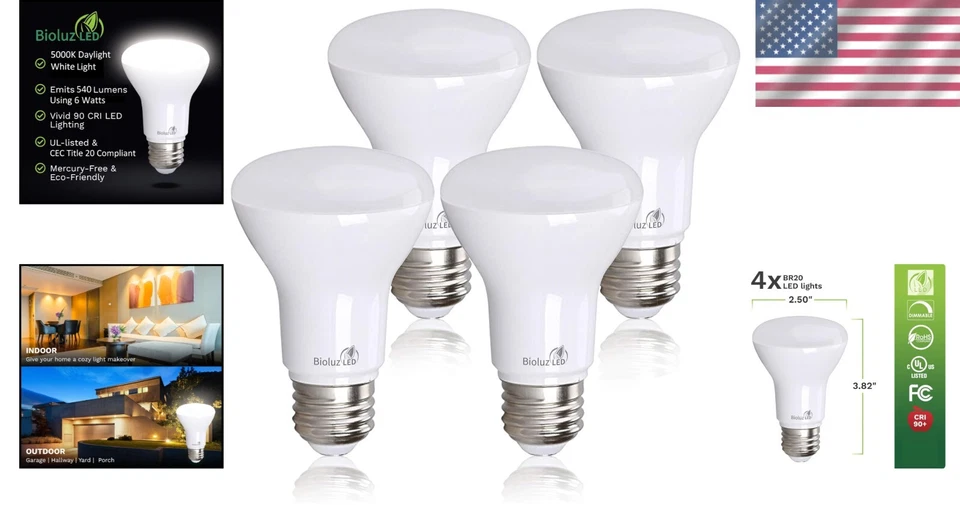 4-Pack BR20 LED Bulbs - 5000K Daylight, 88% Energy Savings, 540 Lumens - Image 2 of 4