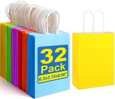 32Pcs Paper Gift Bags, 6.3"X3.15"X8.66" Kraft Paper Party Favor Bags Bulk Rainbo