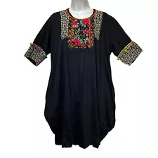 Saramor Black Embroidered Boho Pocket Sheath Dress OS Floral Artisan Cottagecore