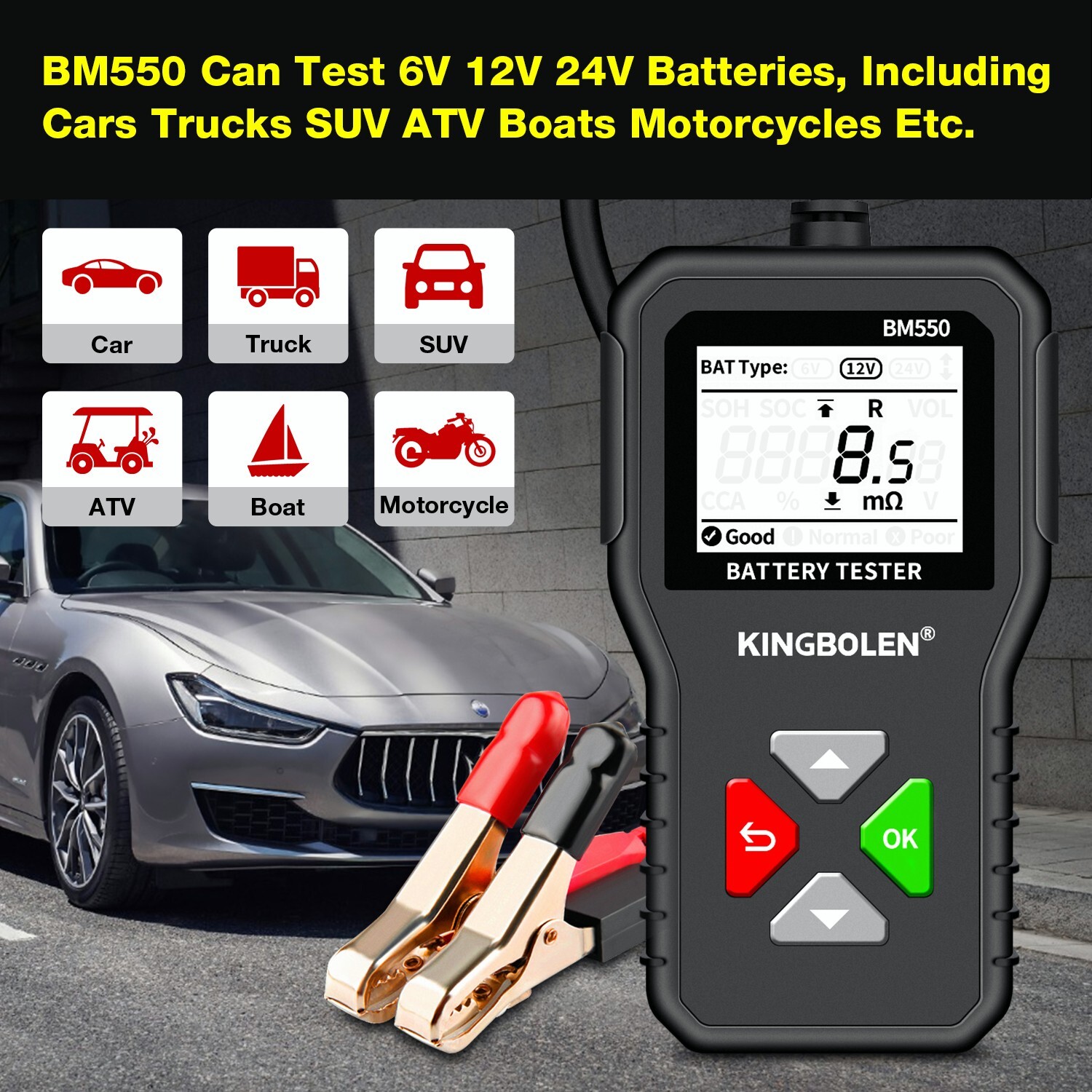 BM550 Car Battery Tester 6V 12V 24V 1002000 CCA 2Ah220Ah Detect