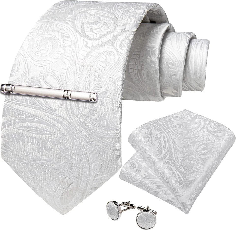 Paisley Ties for Men Silk Necktie and Pocket Square Cufflinks Tie Clip Set Woven - Image 2 of 4
