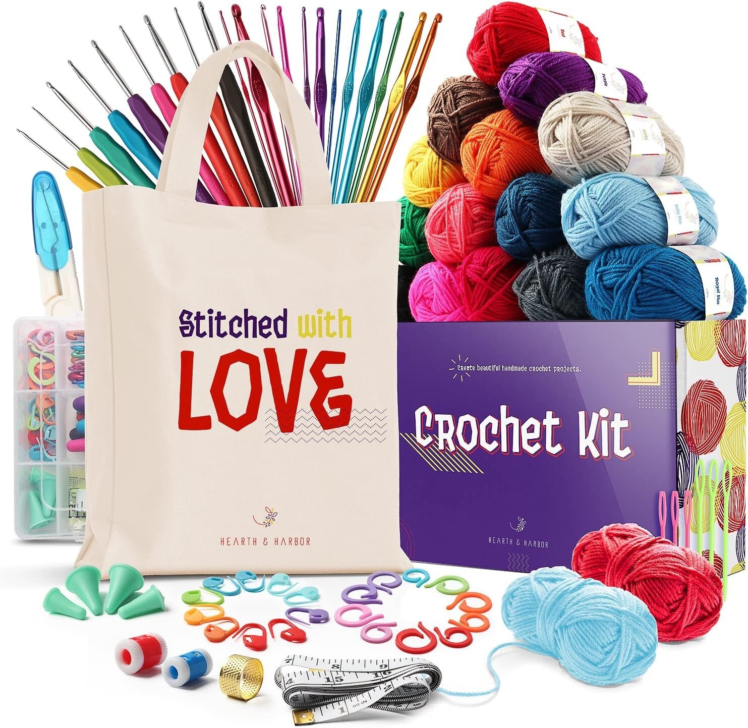 Hearth & Harbor Beginner Crochet Kit for Adults – Easy Starter Set with Yarn & Hook