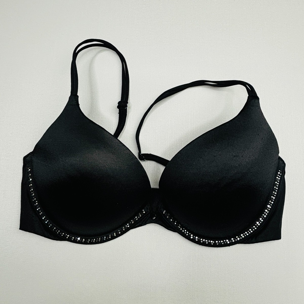 Victoria Secret Push Up Bra 32D Plunge Rhinestone Detail Underwire