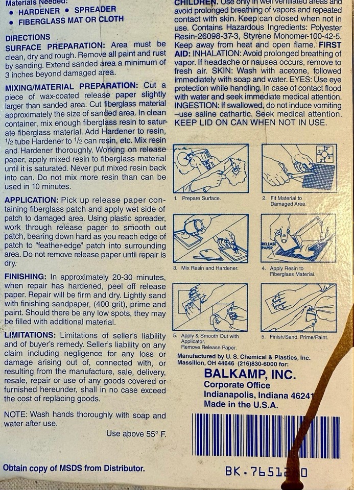 Napa Fiberglass Resin Automotive Repair Kit 7651280 Metal Wood