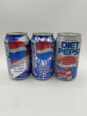 3 Vtg Diet Pepsi 4th July American Flag Joy Red White Blue Empty