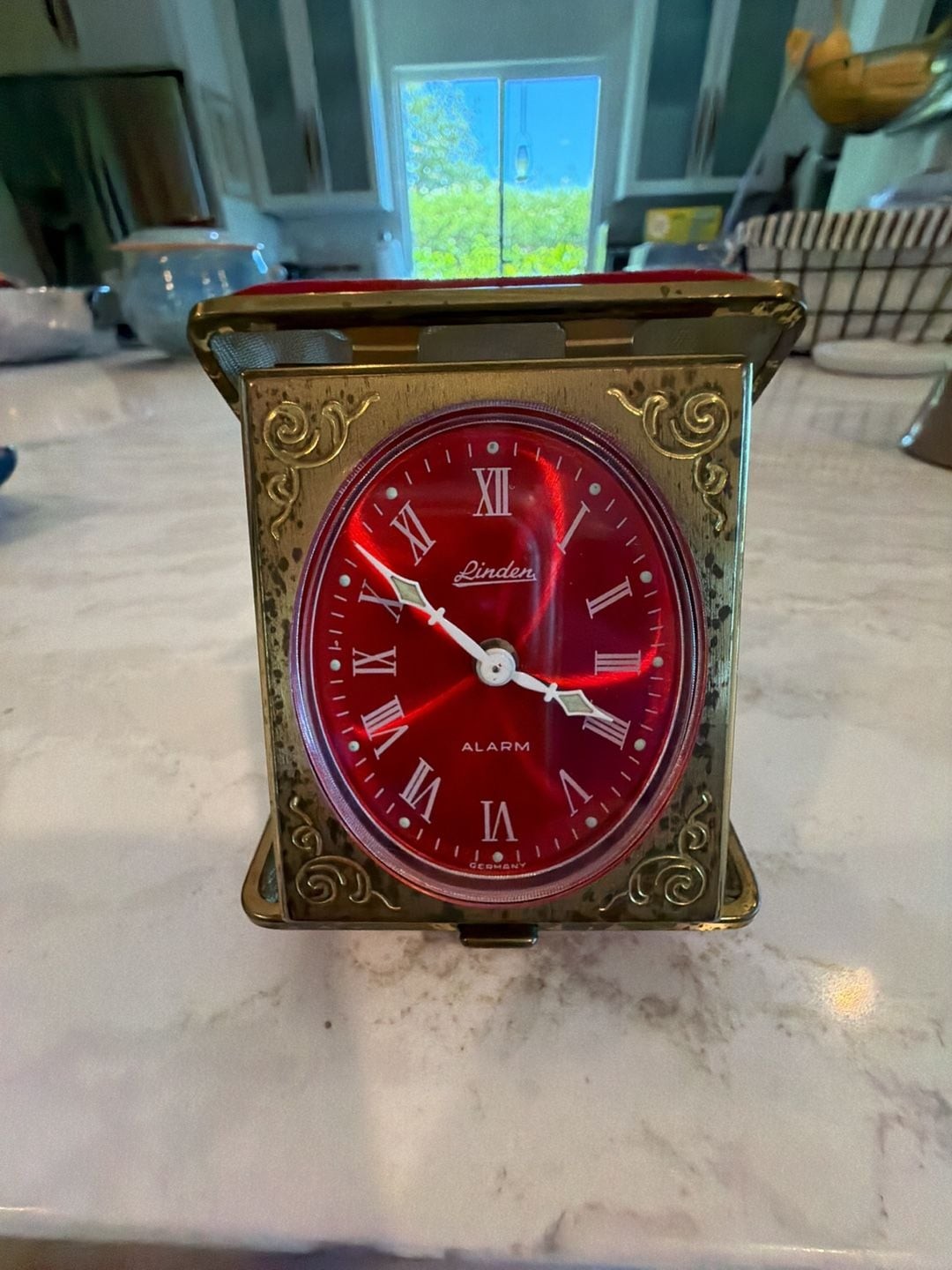 Vintage Linden Germany Travel Alarm Clock with Red Dial and Brass Case featured image