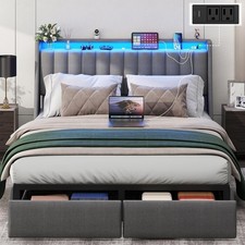 Full/Queen/King LED Bed Frame with Headboard,Storage Drawers,Charging Station