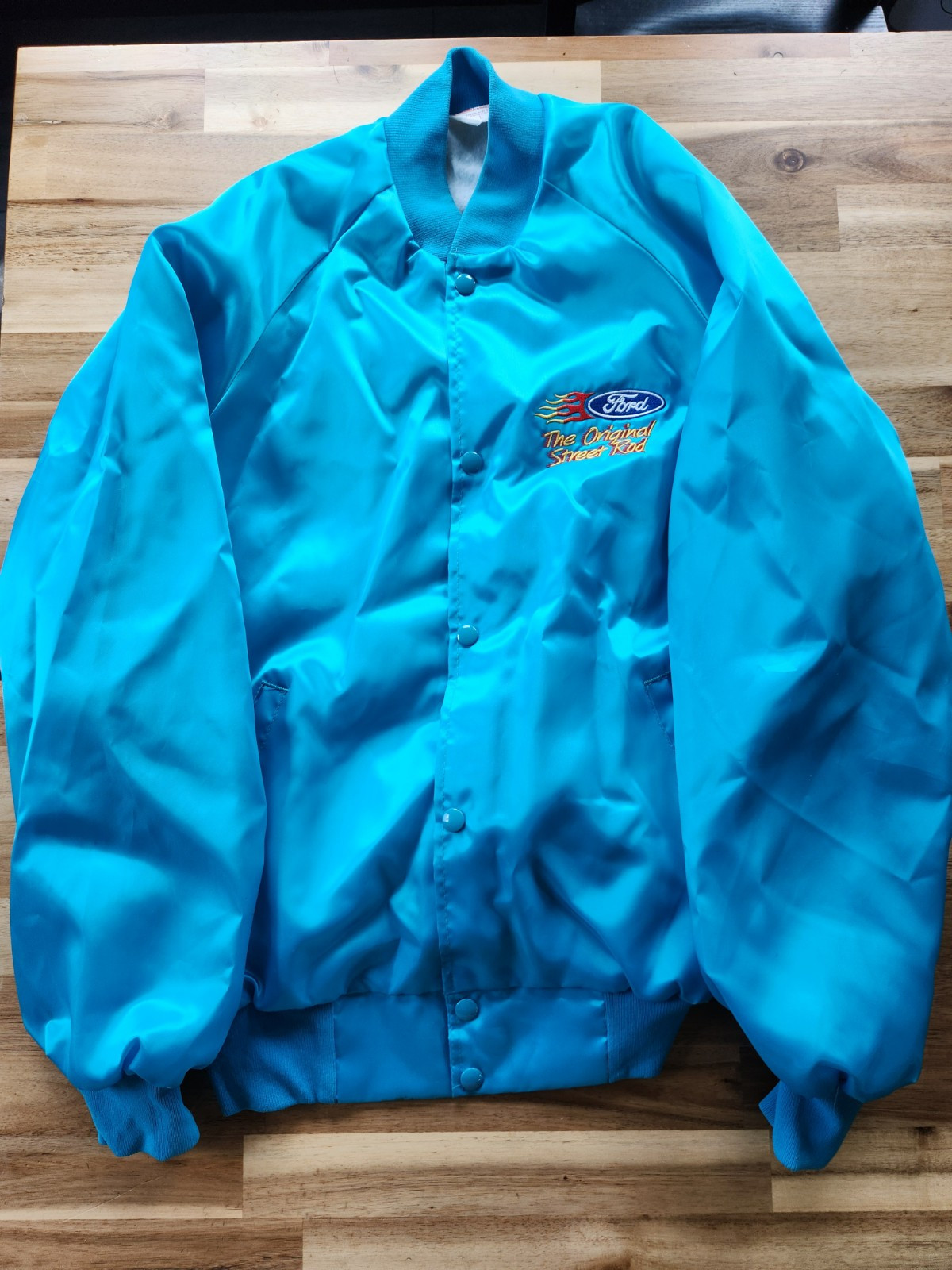 Vintage Ford Satin Jacket Men's L NEON BLUE Bomber The Original Street Rod RARE
