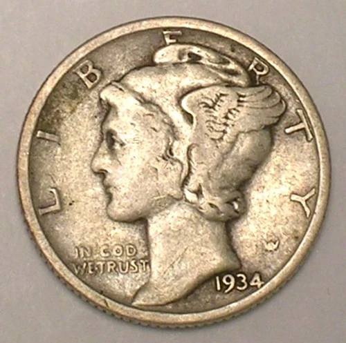 1934 Mercury Winged Head Dime 10 Cents Silver Coin VF
