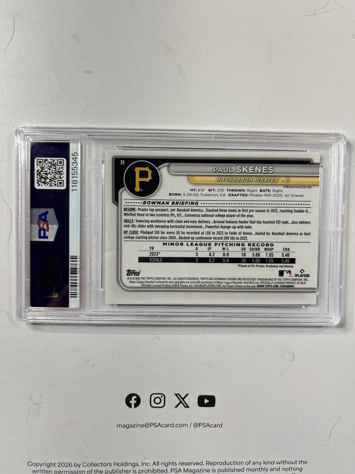2024 BOWMAN CHROME PAUL SKENES #31 GREEN REFRACTOR (RC) /99 PSA 9! view 2
