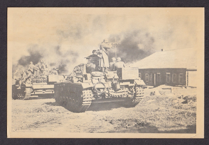 German WWII Original 1940s Postcard Military Soldiers Riding Panzer Tanks Combat