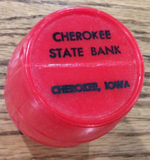 Red Round Barrel Piggy Bank Cherokee State Bank Cherokee Iowa YOU WORK THERE?
